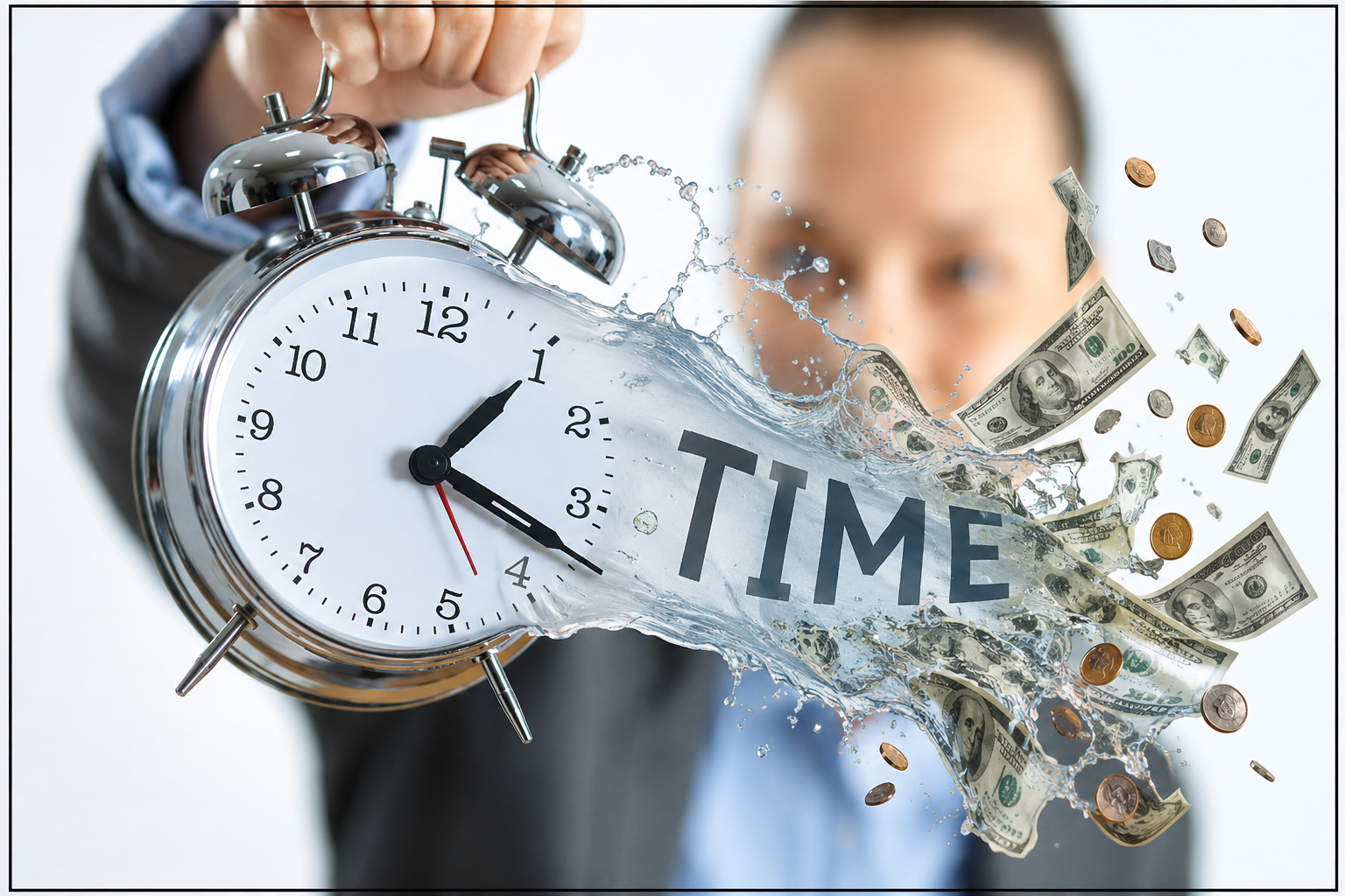 A hand holding an alarm clock with water and dollar bills and coins splashing across the word "TIME"